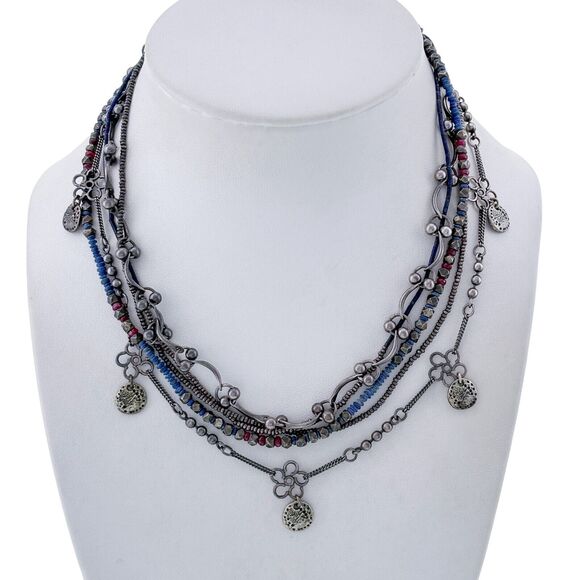Vintage CL Silver Tone 5 Strand Blue Red Beaded Charm Necklace 15.25" - Picture 1 of 4